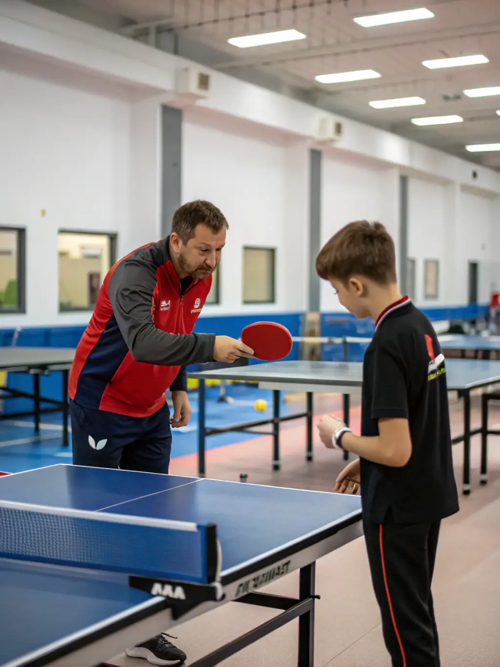 A dynamic shot of children participating in a table tennis training session, focusing on their active engagement and the coach's guidance.