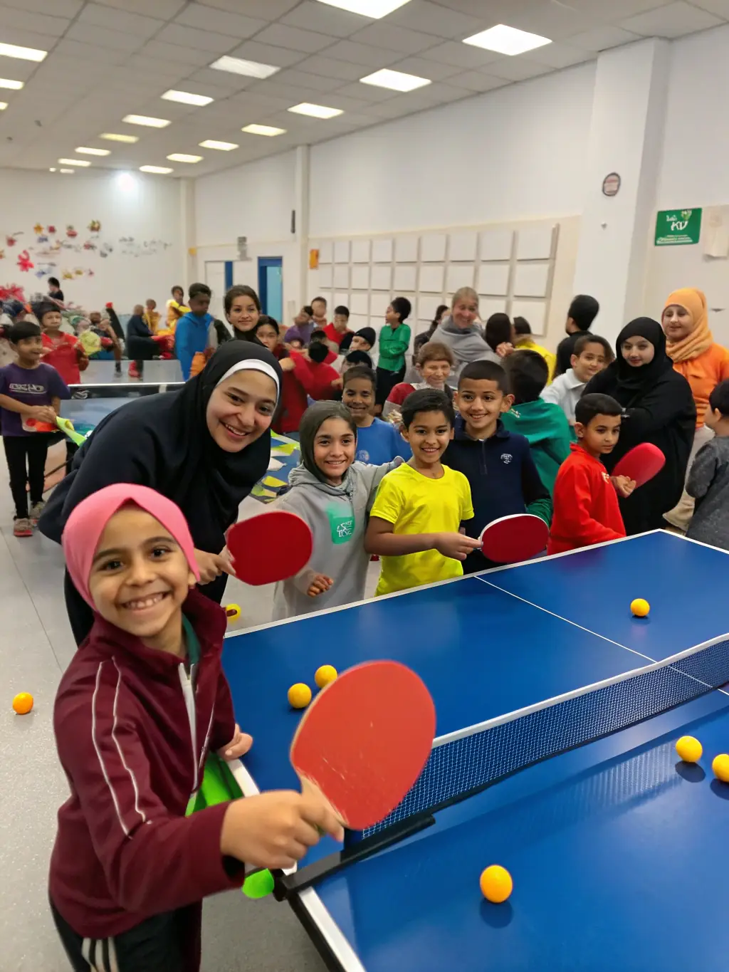 Image of a community outreach event where association members are teaching table tennis to beginners in a public space.