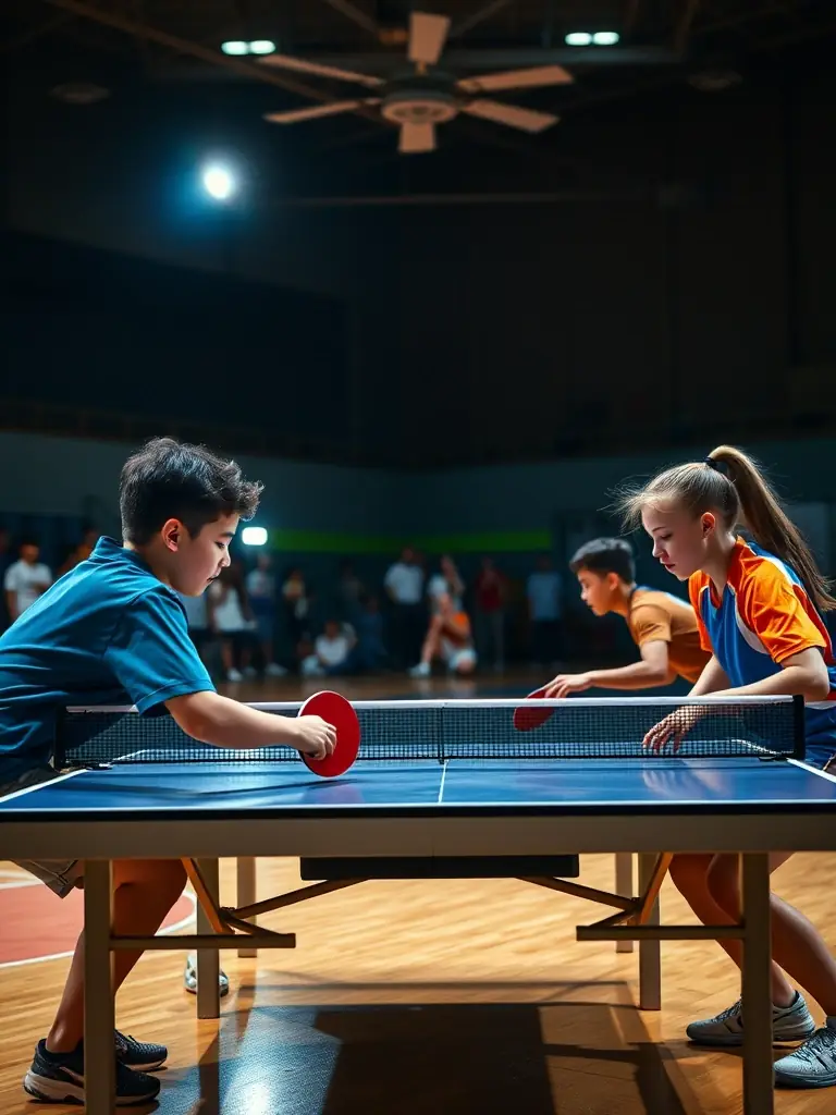 Image of a local table tennis tournament, showcasing players of different ages and skill levels competing in a friendly environment.
